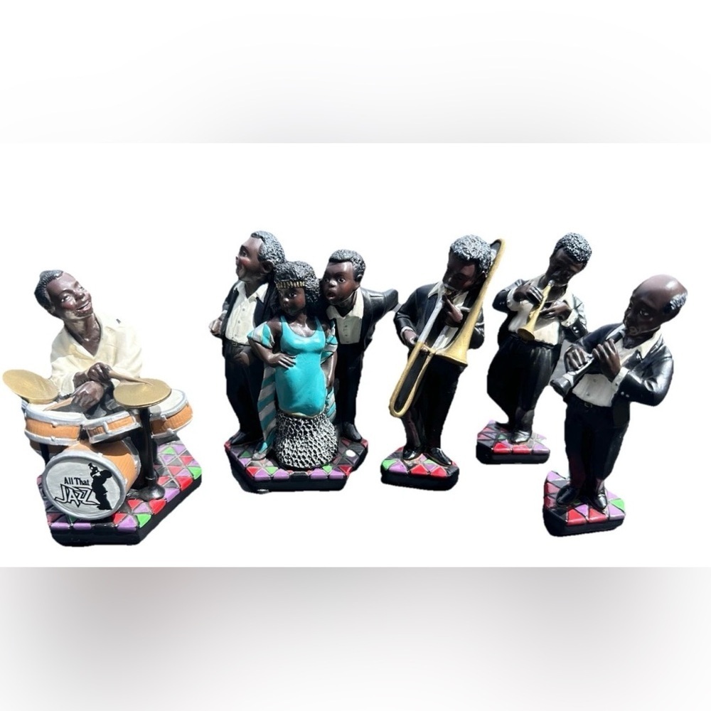 Hand-Painted Black Musical Figurine Set with Turquoise Dress - Picture 1 of 6